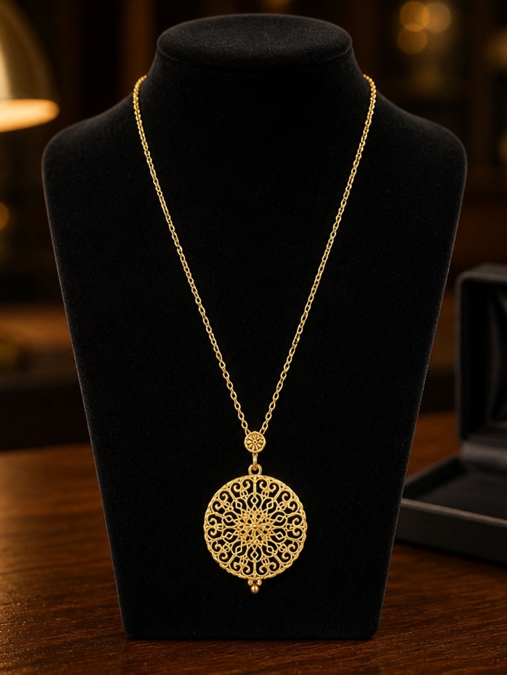 Gold Filigree Medallion Pendant Necklace with magnifier - Women Jewelry